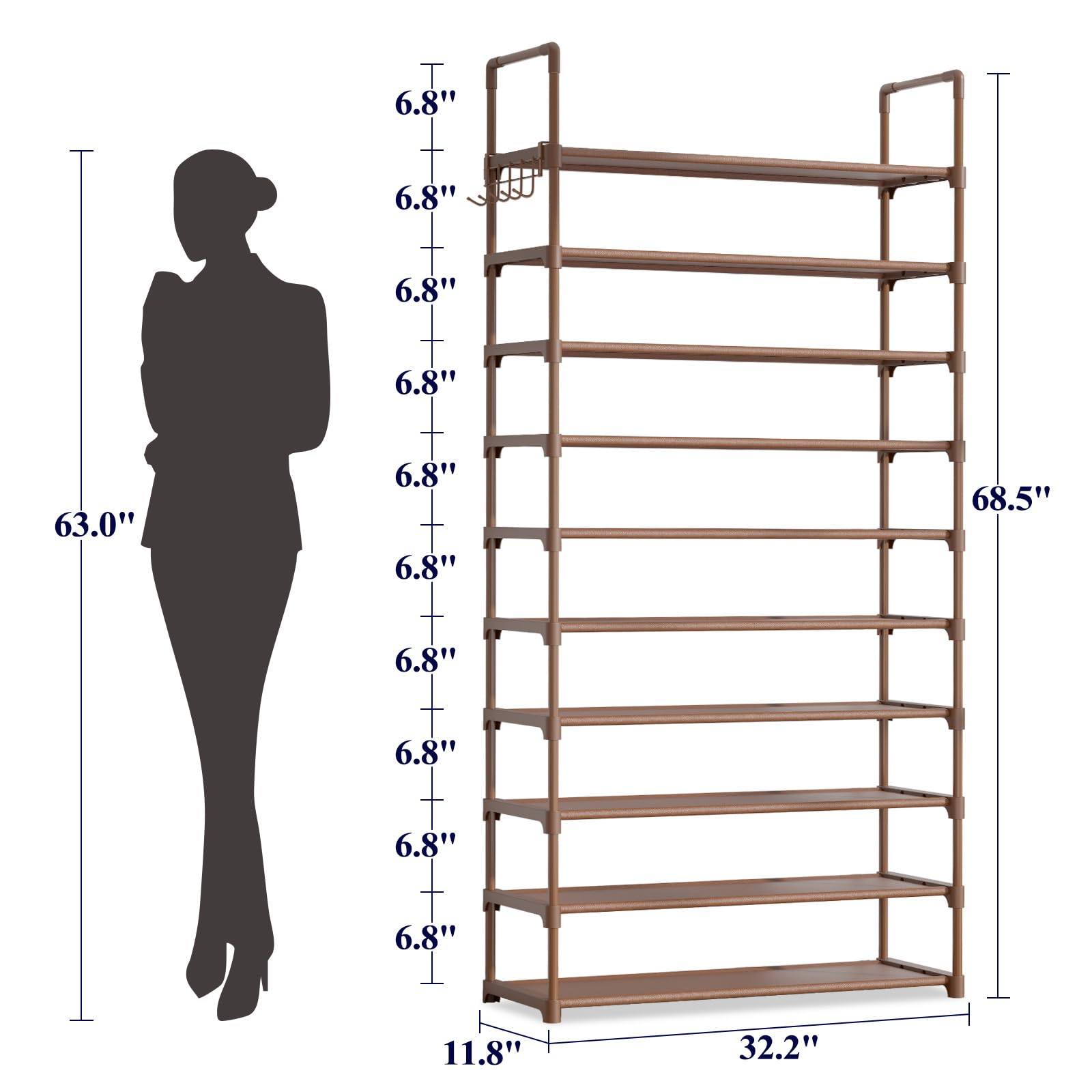 Kitsure shoe rack with side hook rack for bags and keys, improving organization.