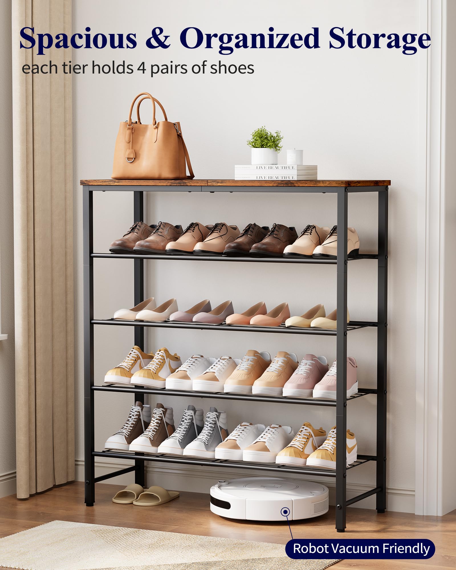 Kitsure shoe rack top shelf provides extra space for bags or decor.
