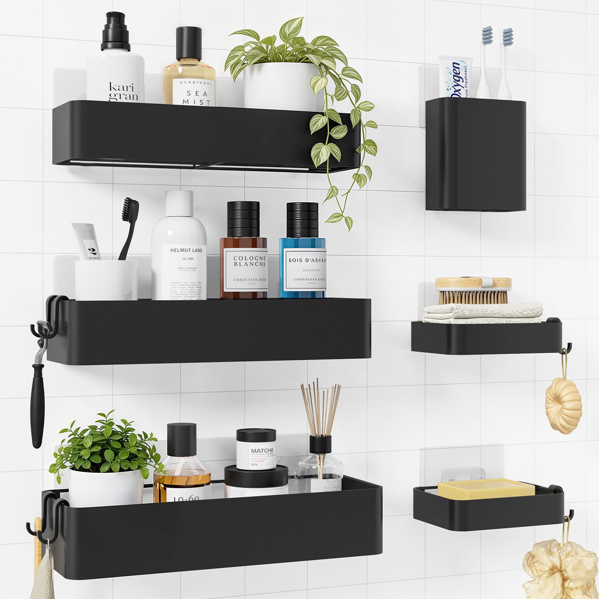Kitsure shower caddy adhesive 6-piece set wall-mounted for organized bathroom storage.