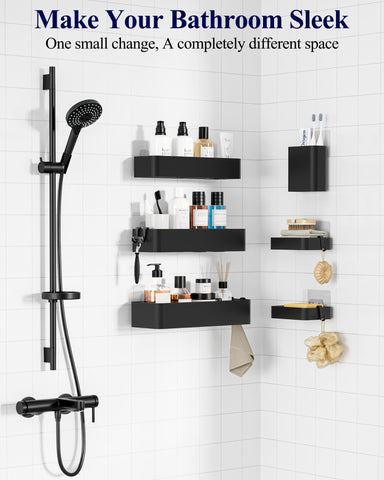 Kitsure adhesive shelves with drainage keep items dry and easily dispensed.