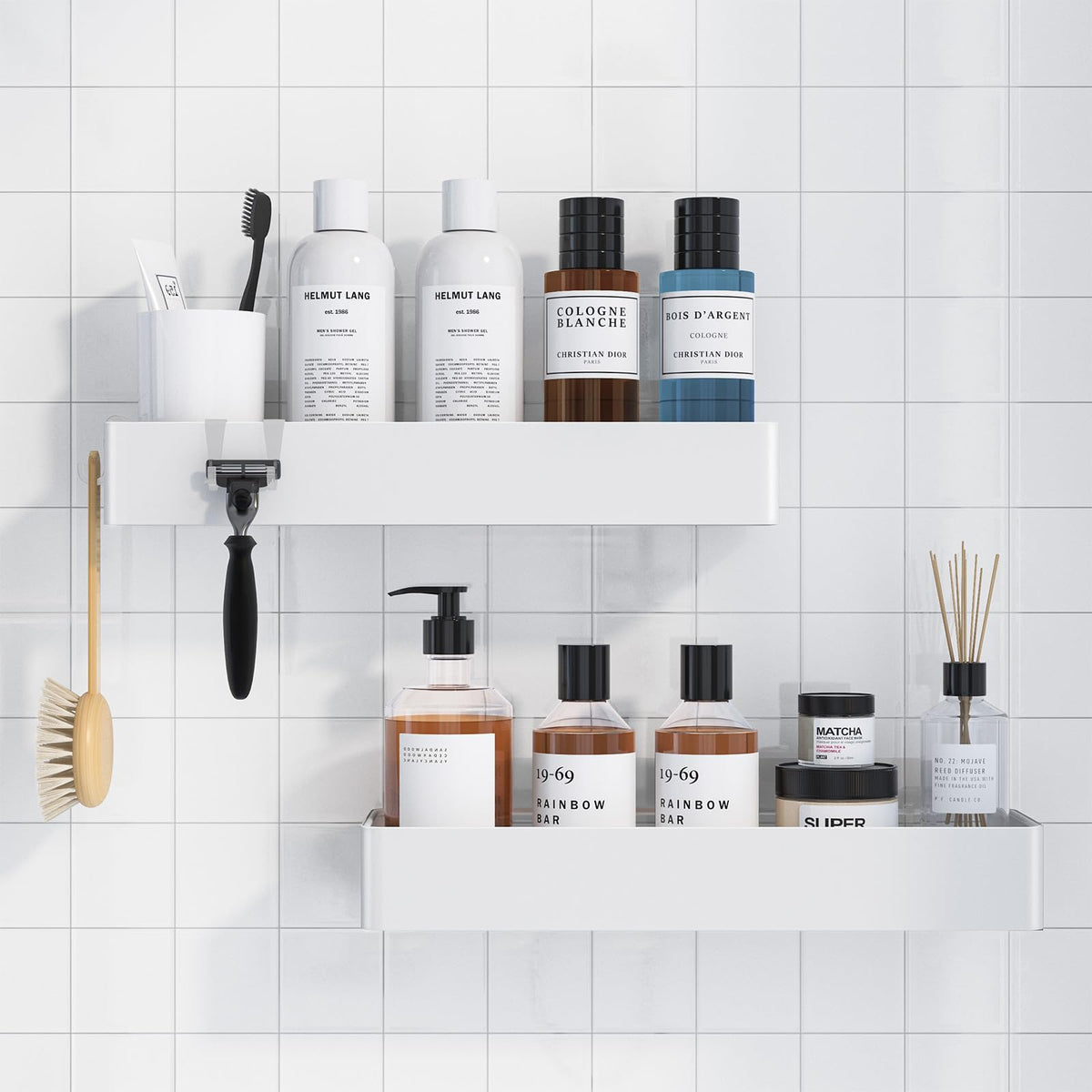 Kitsure Shower Caddy inside shower keeps body wash and shampoo neatly within reach.