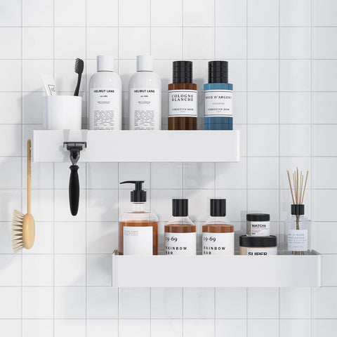 Kitsure Shower Caddy inside shower keeps body wash and shampoo neatly within reach.