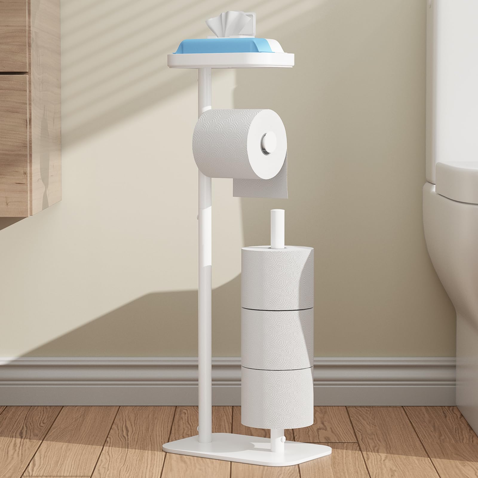 Kitsure toilet paper holder free-standing with stable base for reliable placement.