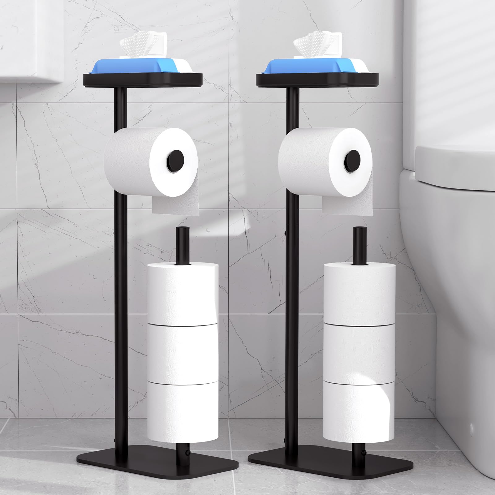 Kitsure toilet paper holder stand with anti-slip base keeps rolls secure.