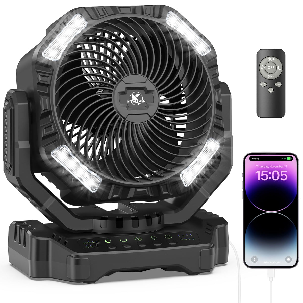 KITWLEMEN AMACOOL 40000mAh fan front view for extended cooling on trips.