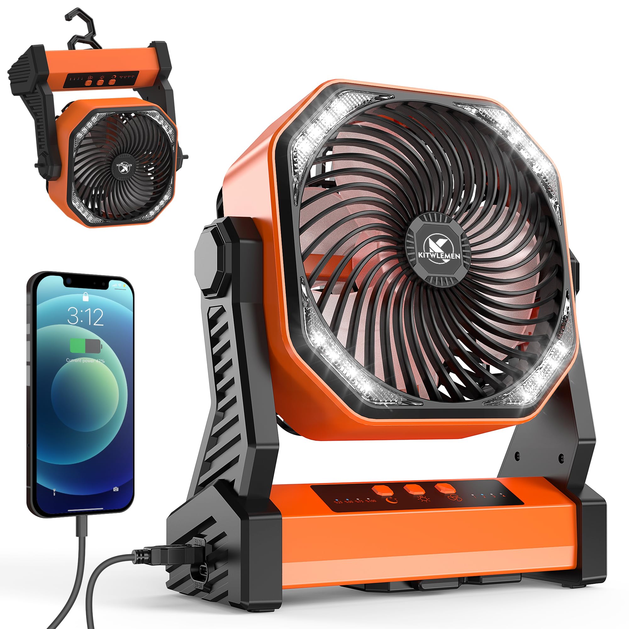 KITWLEMEN camping fan with 20000mAh battery for portable outdoor cooling