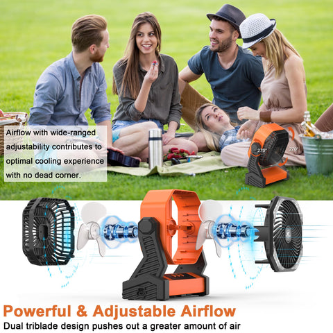 KITWLEMEN camping fan with double triblade delivering stronger airflow outdoors