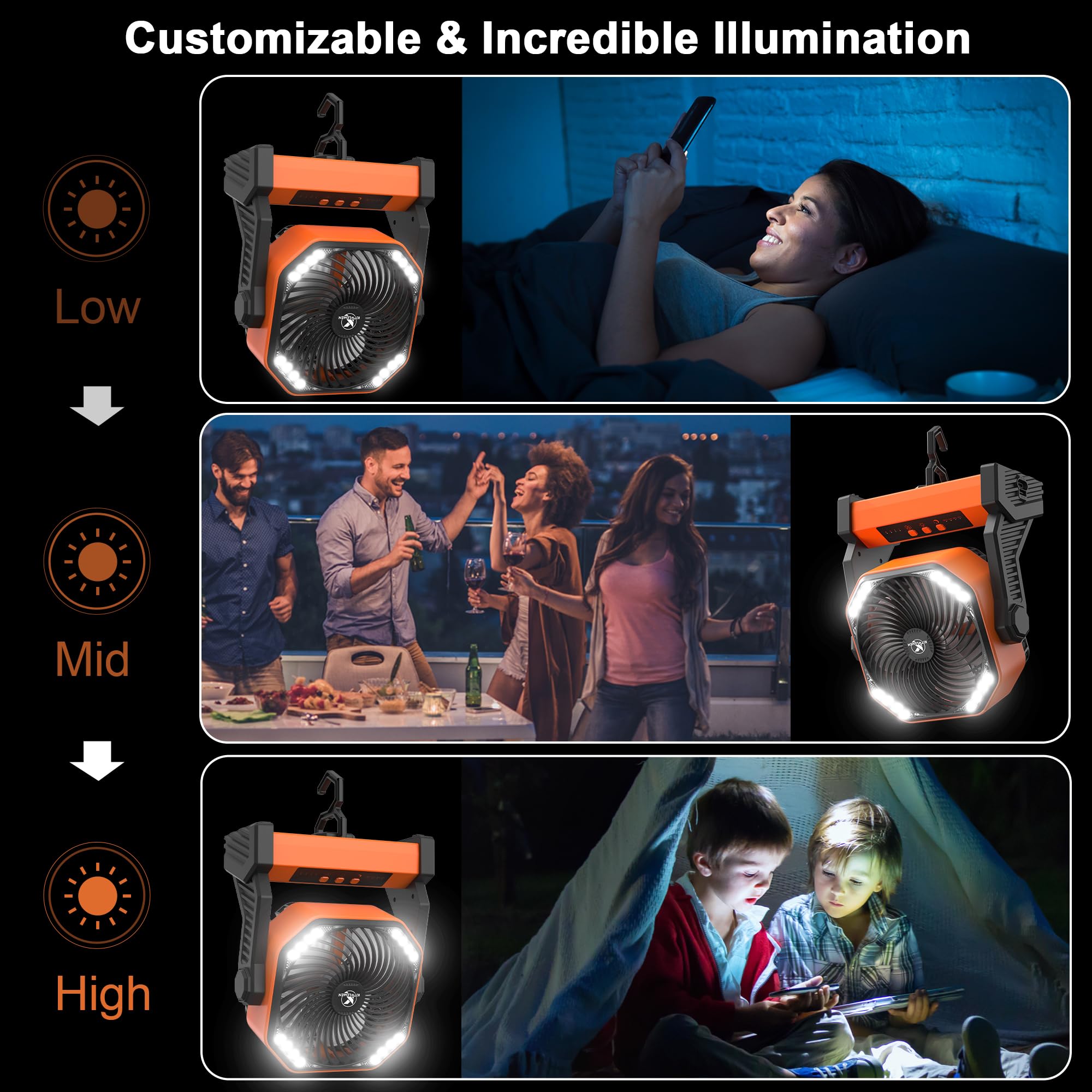 KITWLEMEN camping fan LED light with 16 LEDs for bright nighttime visibility