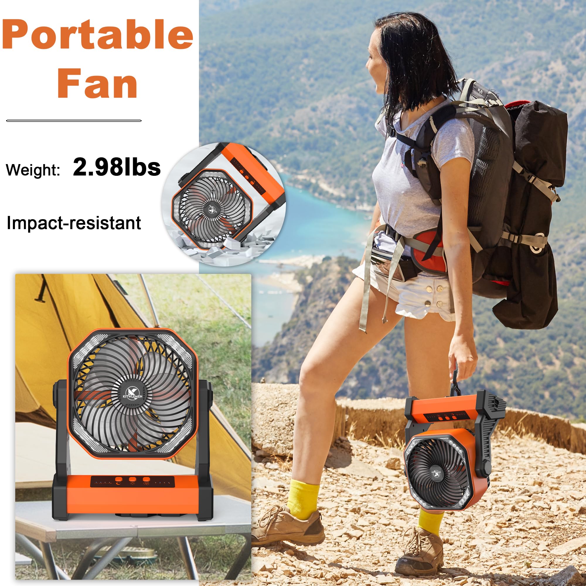 KITWLEMEN camping fan sturdy ABS base for stable indoor or outdoor use