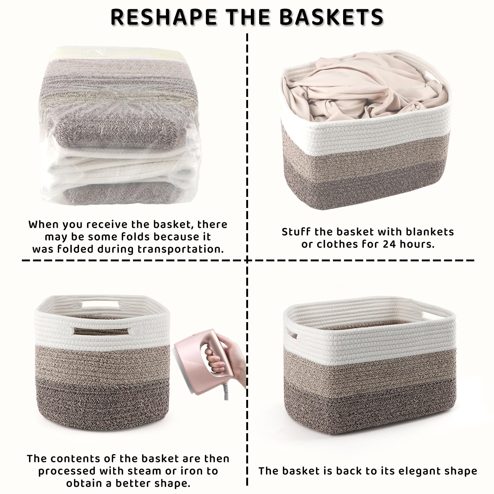 KIUGCO 4-pack baskets in white and brown tones.
