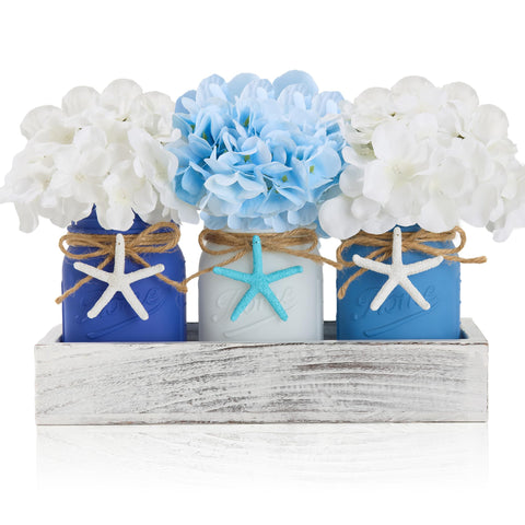 KIVIVO coastal mason jar centerpiece on wood tray for a welcoming tablescape.