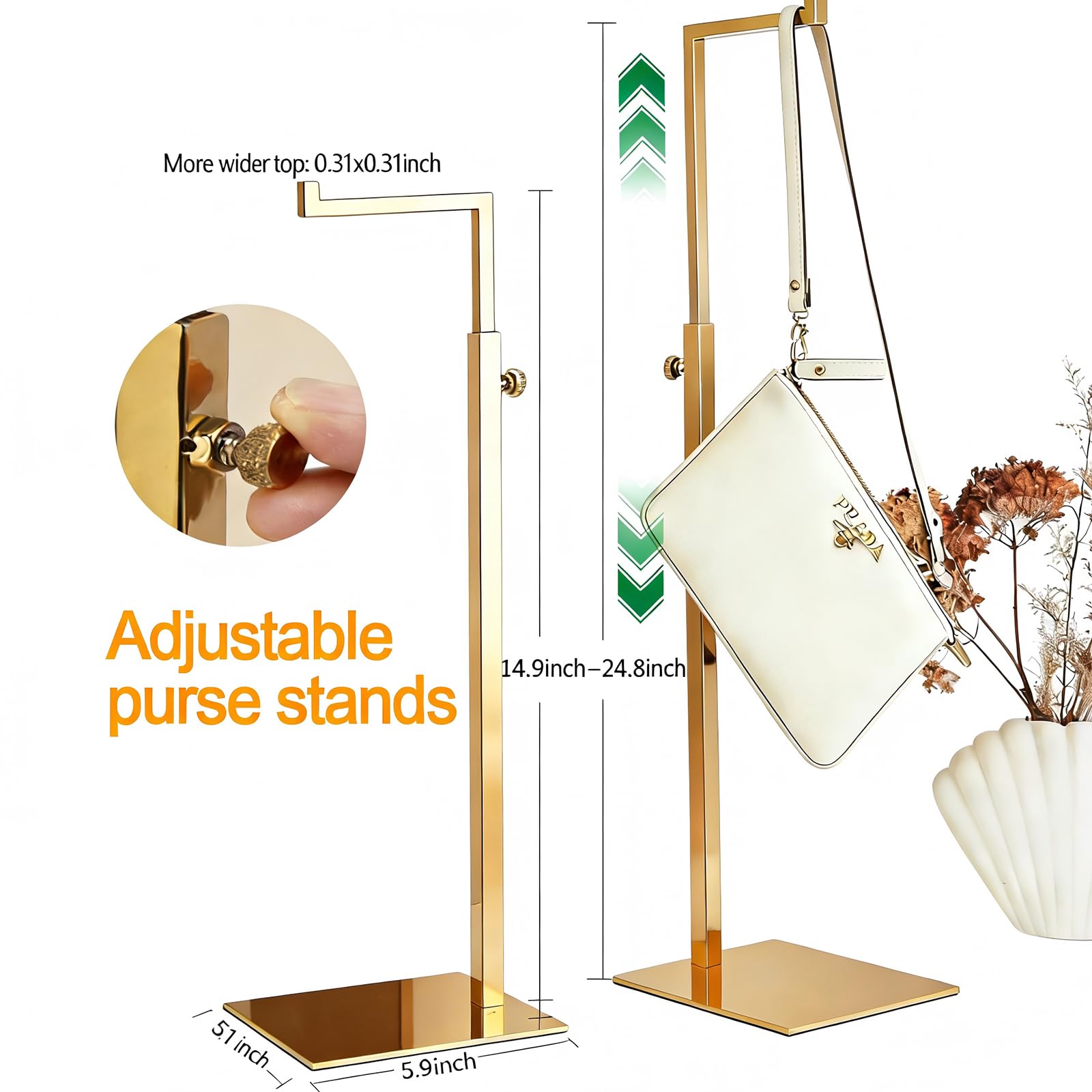 K KAIDIYIN gold purse display stand base detail showing stability support