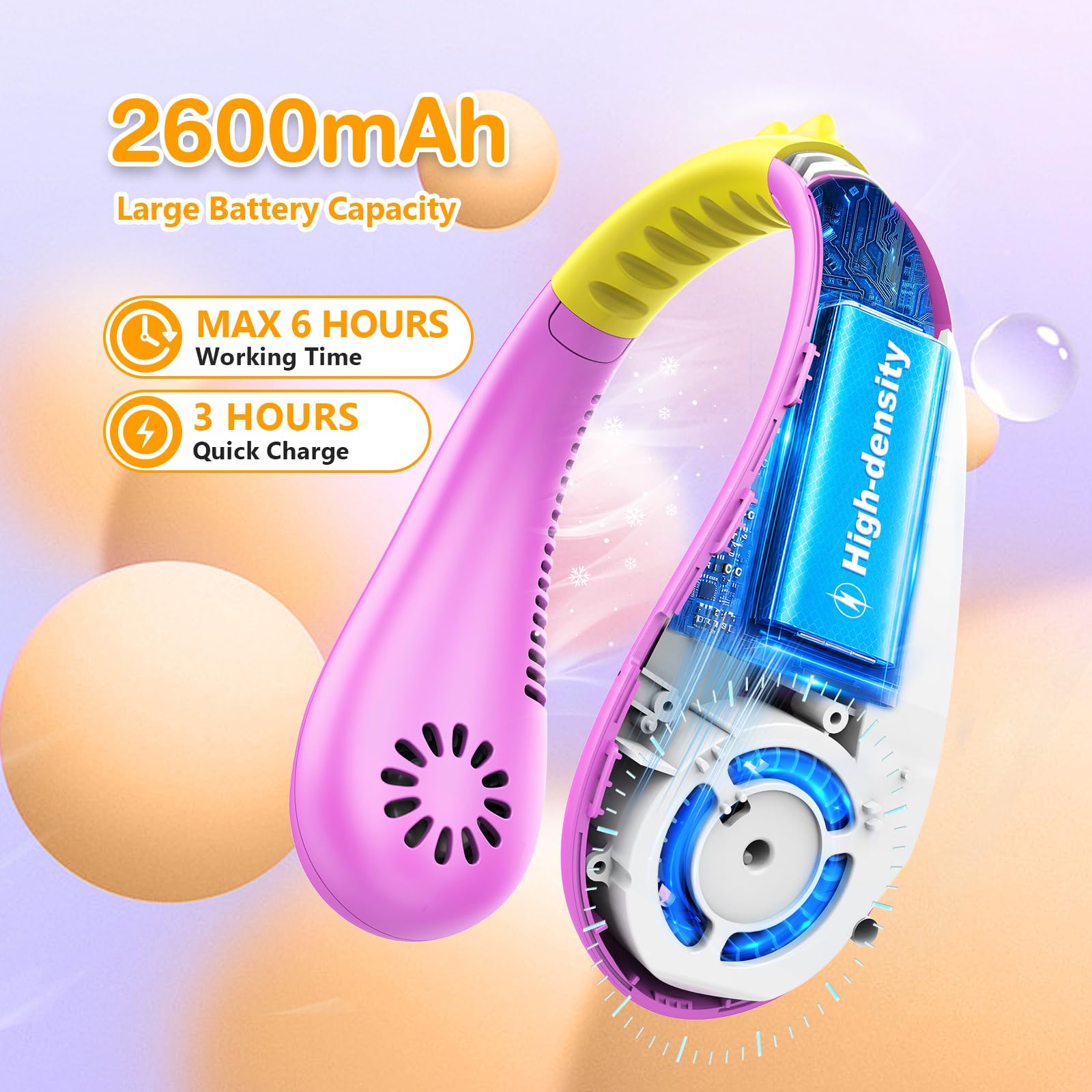 Kkdi kids neck fan 2600mAh battery for long-lasting coolness on trips.