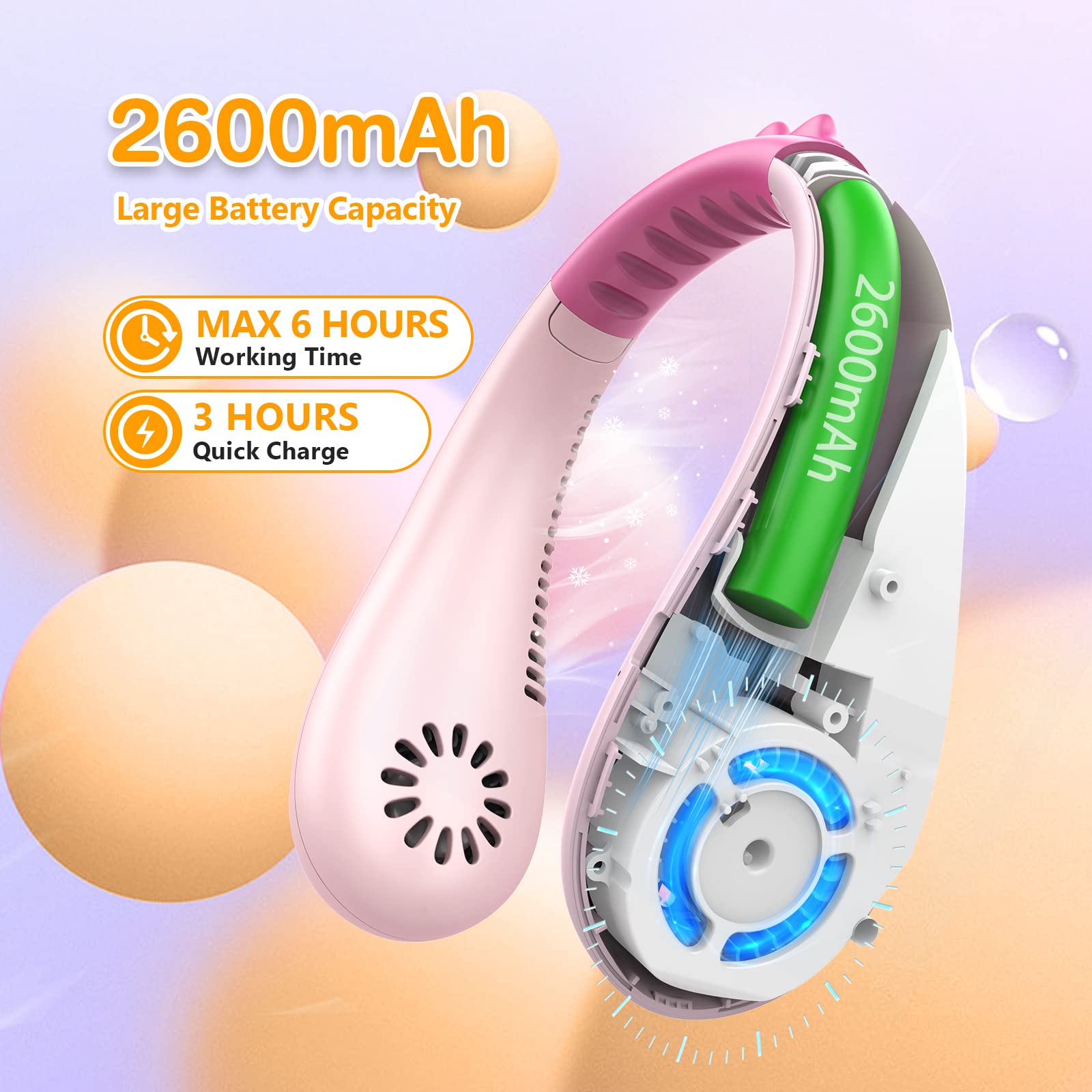 Kkdi Kids Neck Fan 2600mAh battery for hours of cooling