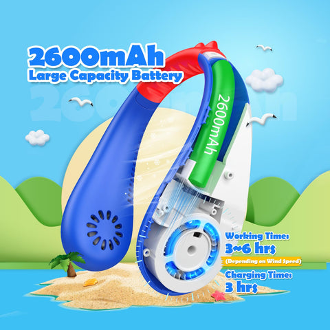 KKDI kids neck fan 2600mAh battery for hours of portable cooling.