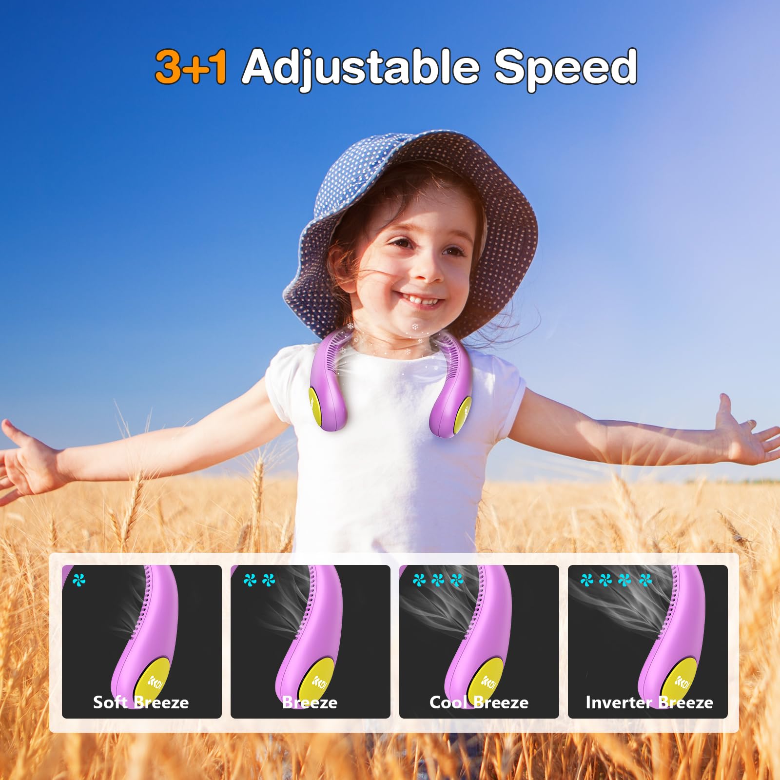 Kkdi kids neck fan 4 speeds dial to customize breeze.