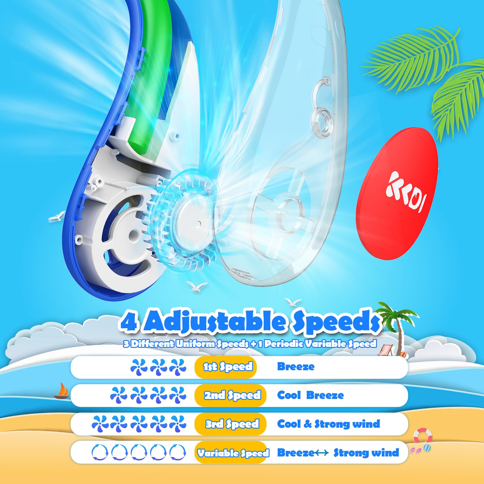 KKDI kids neck fan four speeds for personalized comfort.