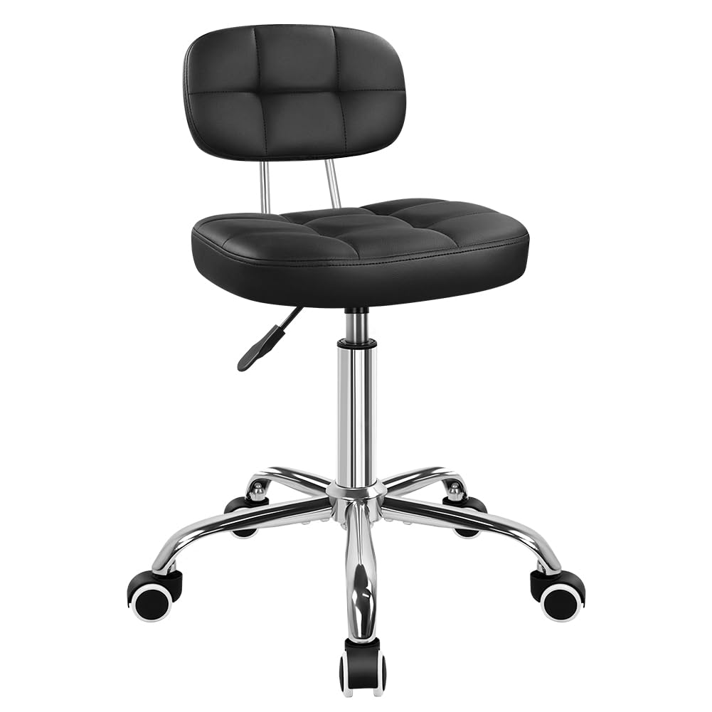 KKTONER black leather rolling stool with backrest for smooth, comfortable desk support.