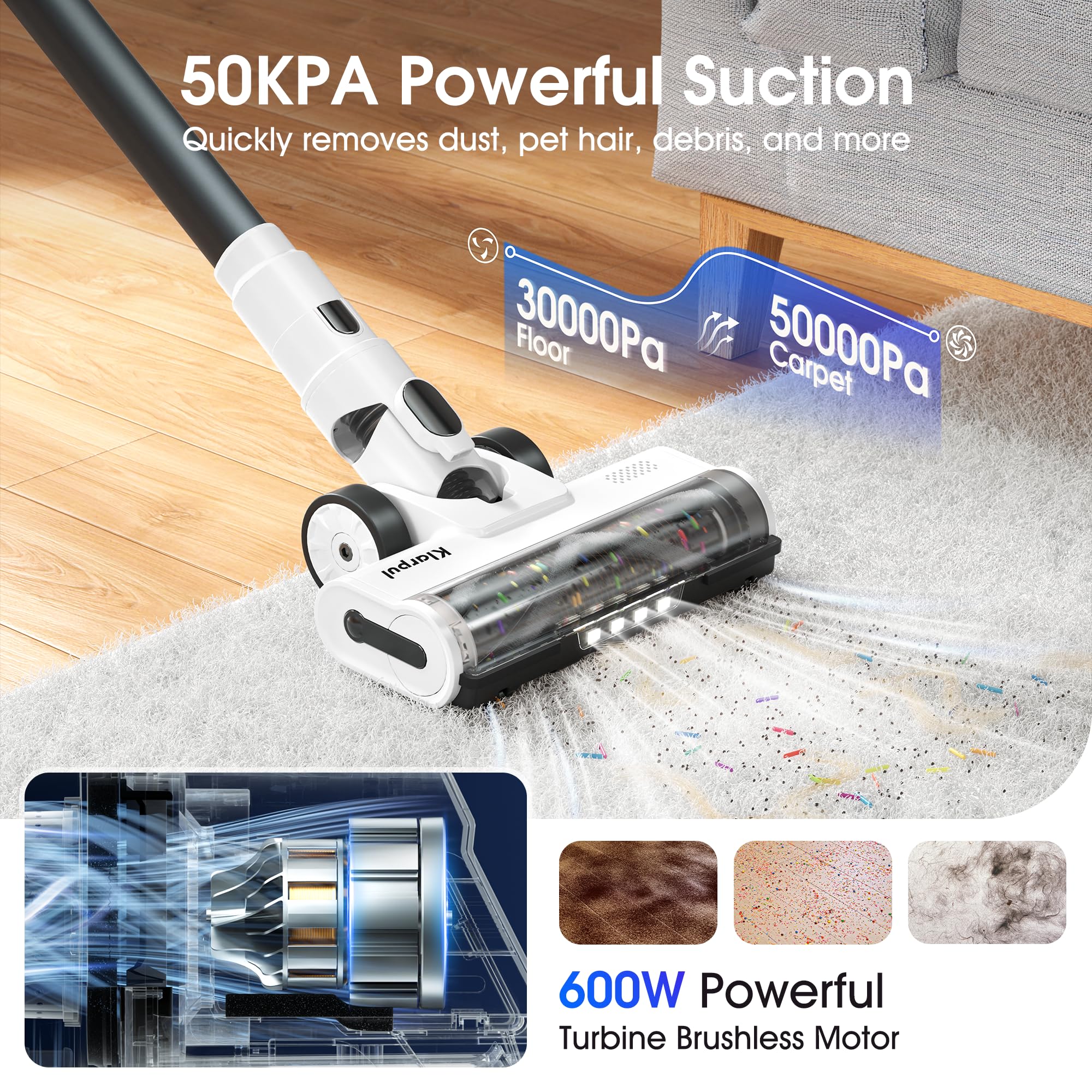 Klarpul cordless vacuum with two batteries for extended cleaning sessions.