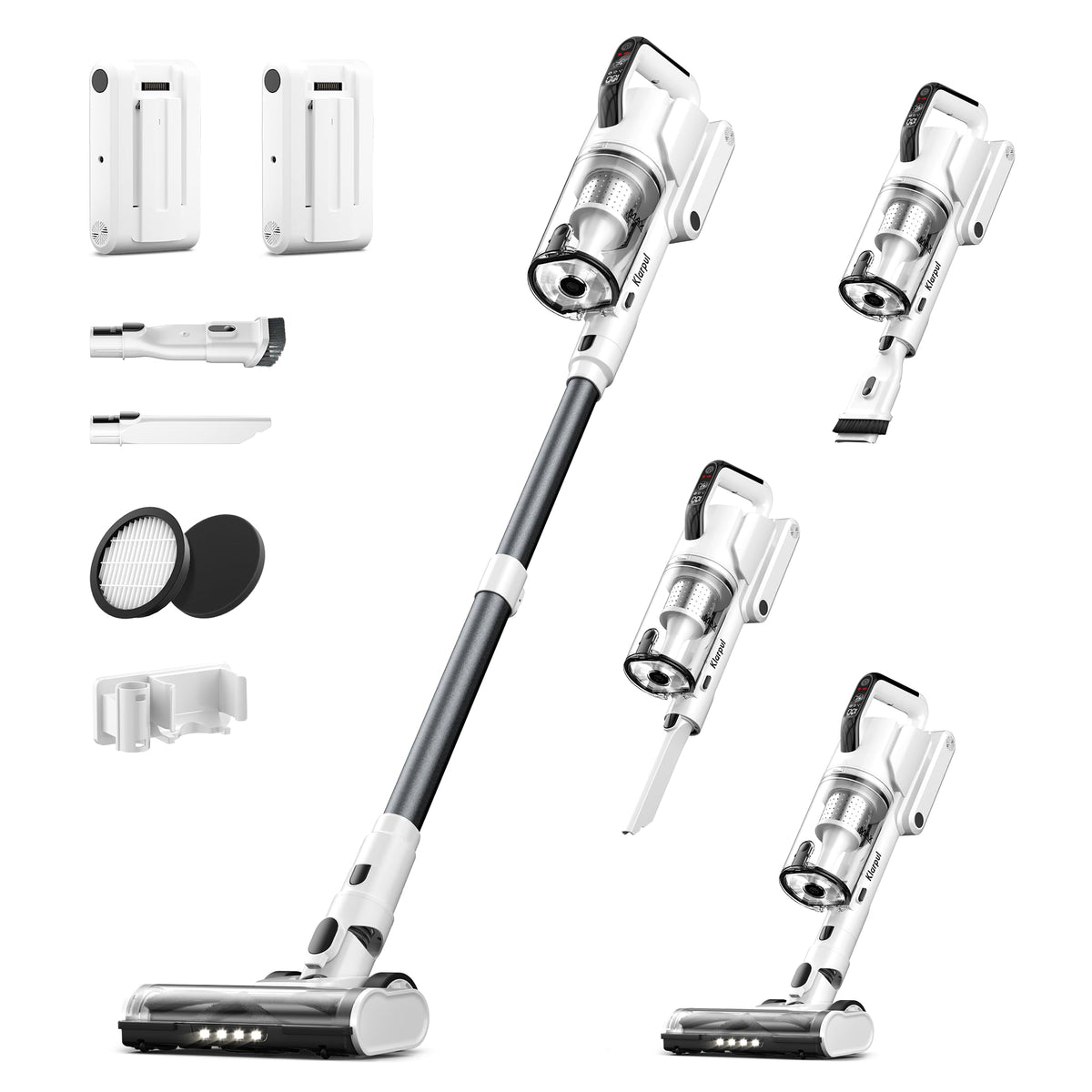 Klarpul cordless vacuum with strong suction for pet hair on carpets.