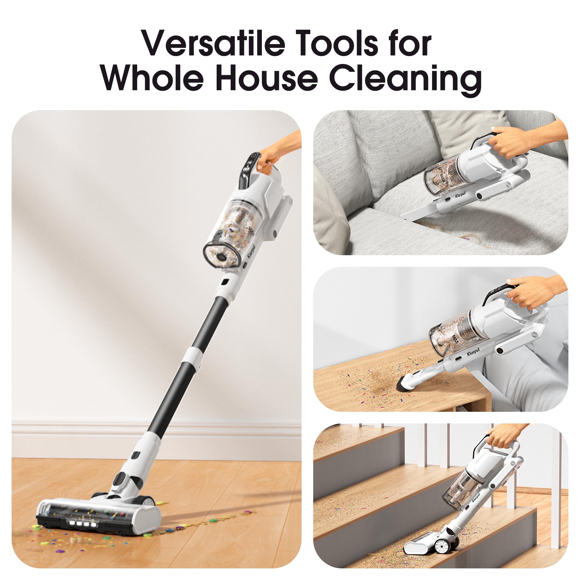 Klarpul 1.8L dust cup reduces mid-cleaning empties.