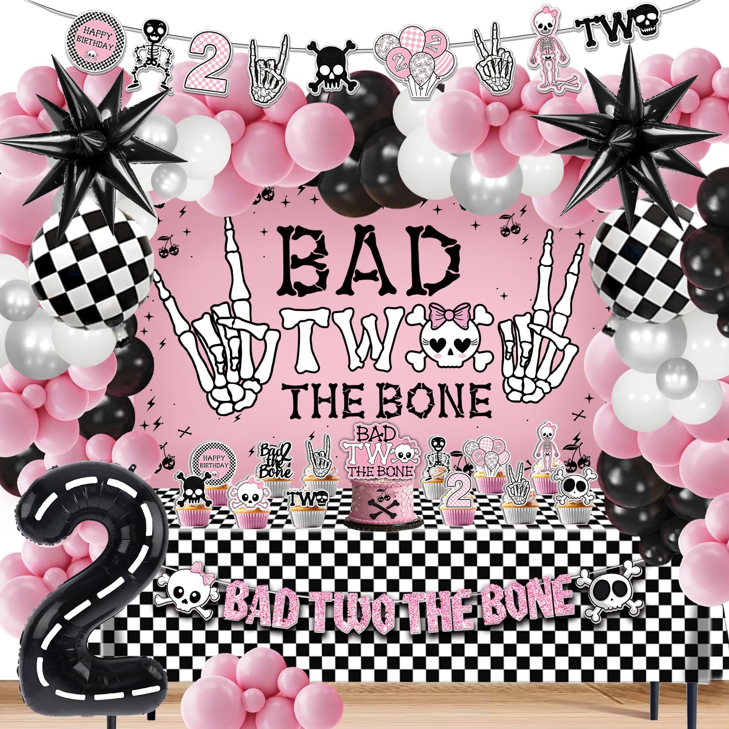 Klarvyius Bad Two the Bone backdrop with skeleton motifs for a bold 2nd birthday party.