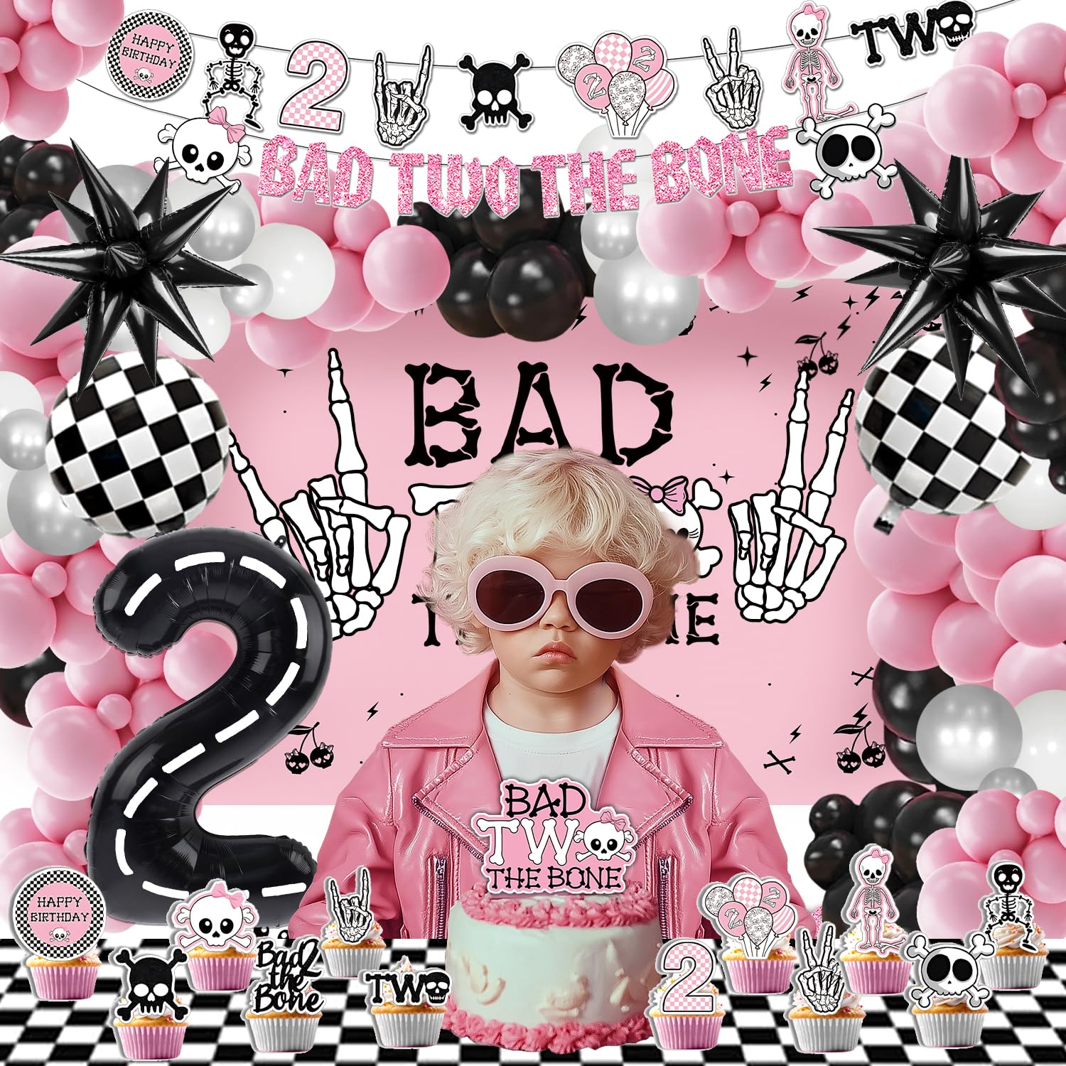 Klarvyius Bad Two the Bone cupcake toppers coordinate with the banner.