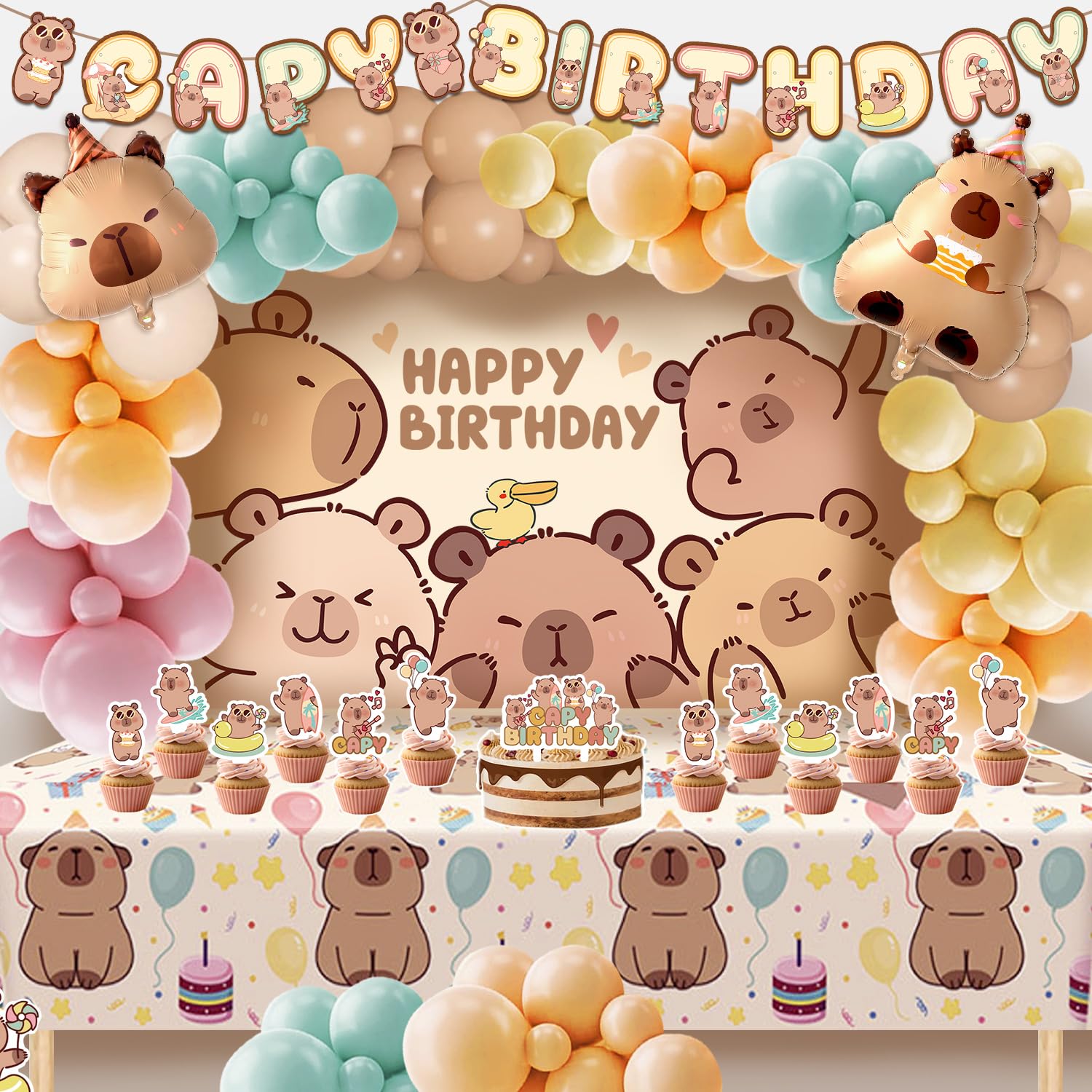 Klarvyius Capybara birthday balloons pastel collection for a bright, festive party display.