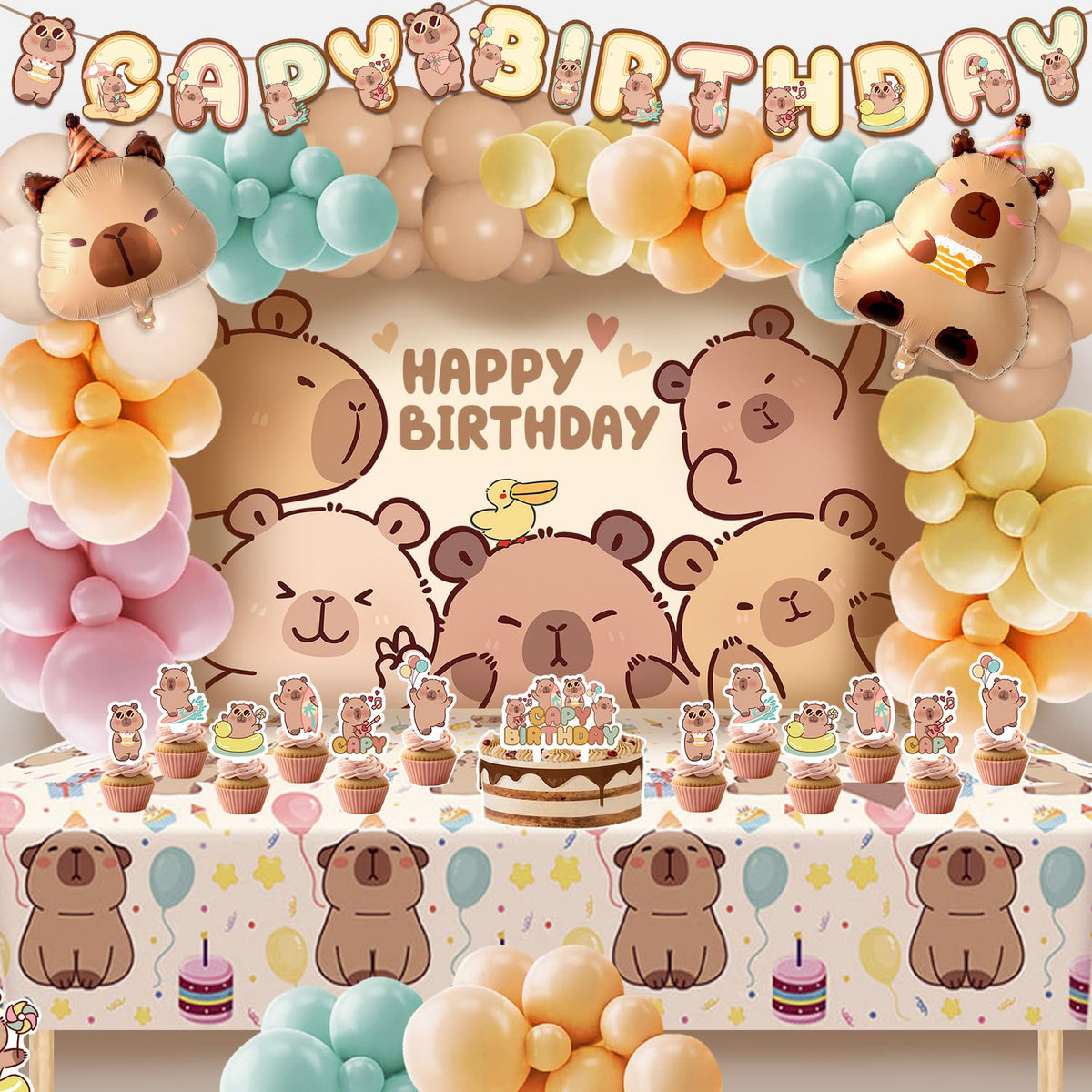 Klarvyius Capybara birthday balloons pastel collection for a bright, festive party display.