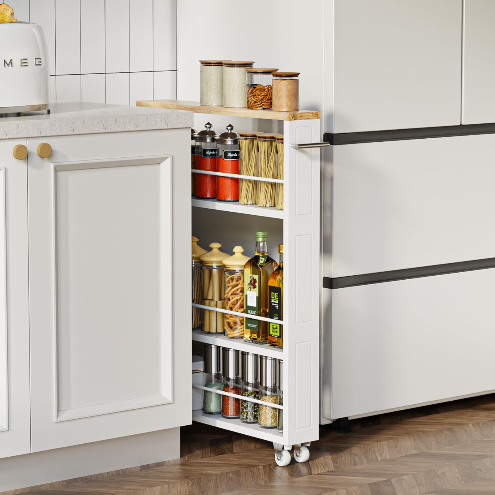 KLM cart with white finish fits small spaces, keeping supplies organized.