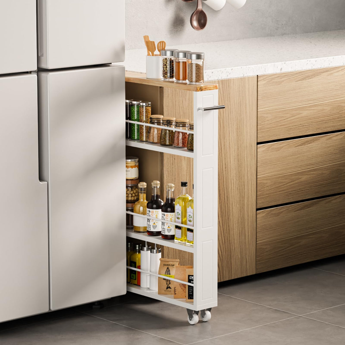 KLM 4-tier white slim storage cart with handle in kitchen, ideal for space-saving organization.