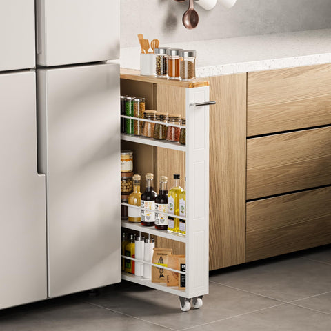 KLM 4-tier white slim storage cart with handle in kitchen, ideal for space-saving organization.