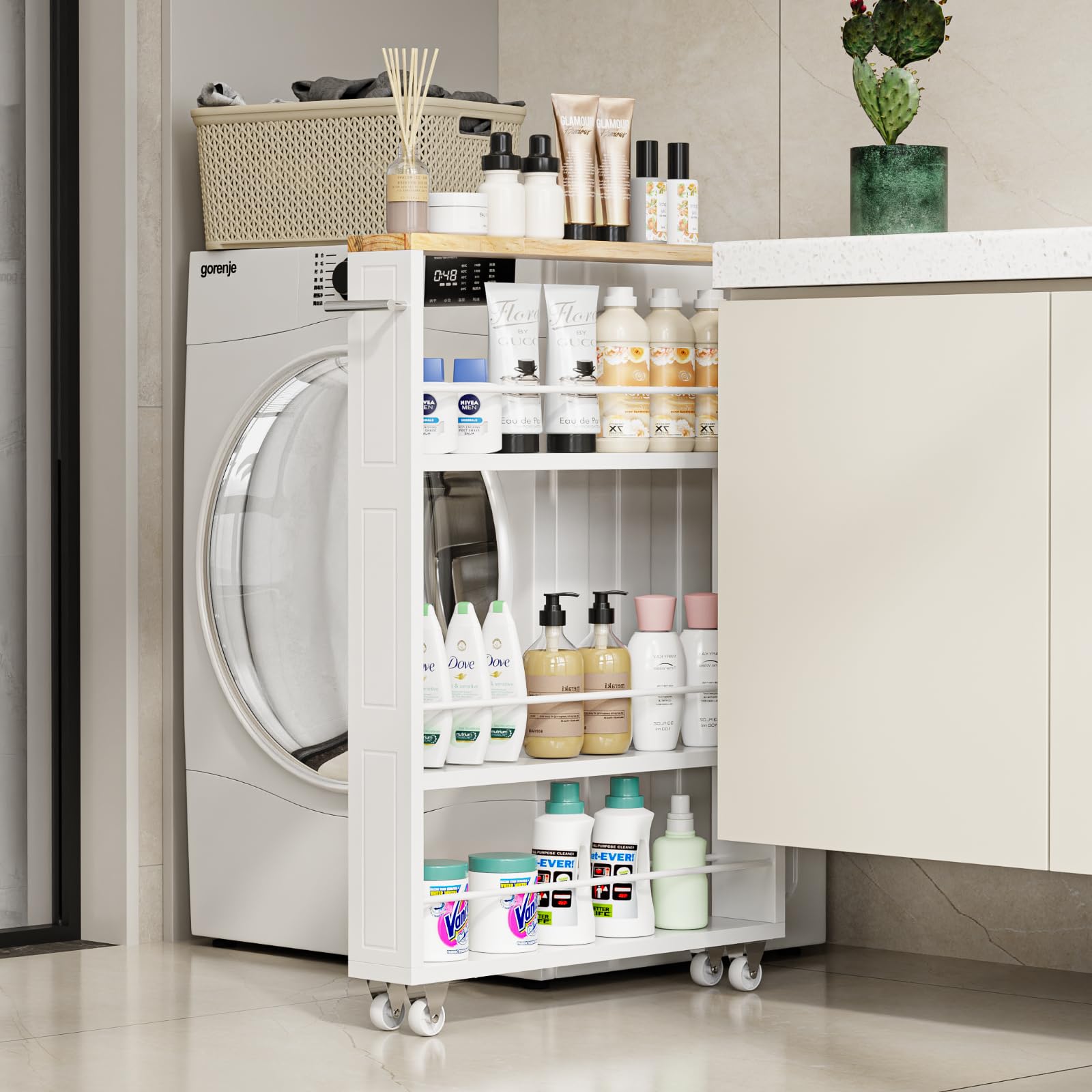KLM white slim storage cart in pantry or kitchen, demonstrating vertical storage efficiency.
