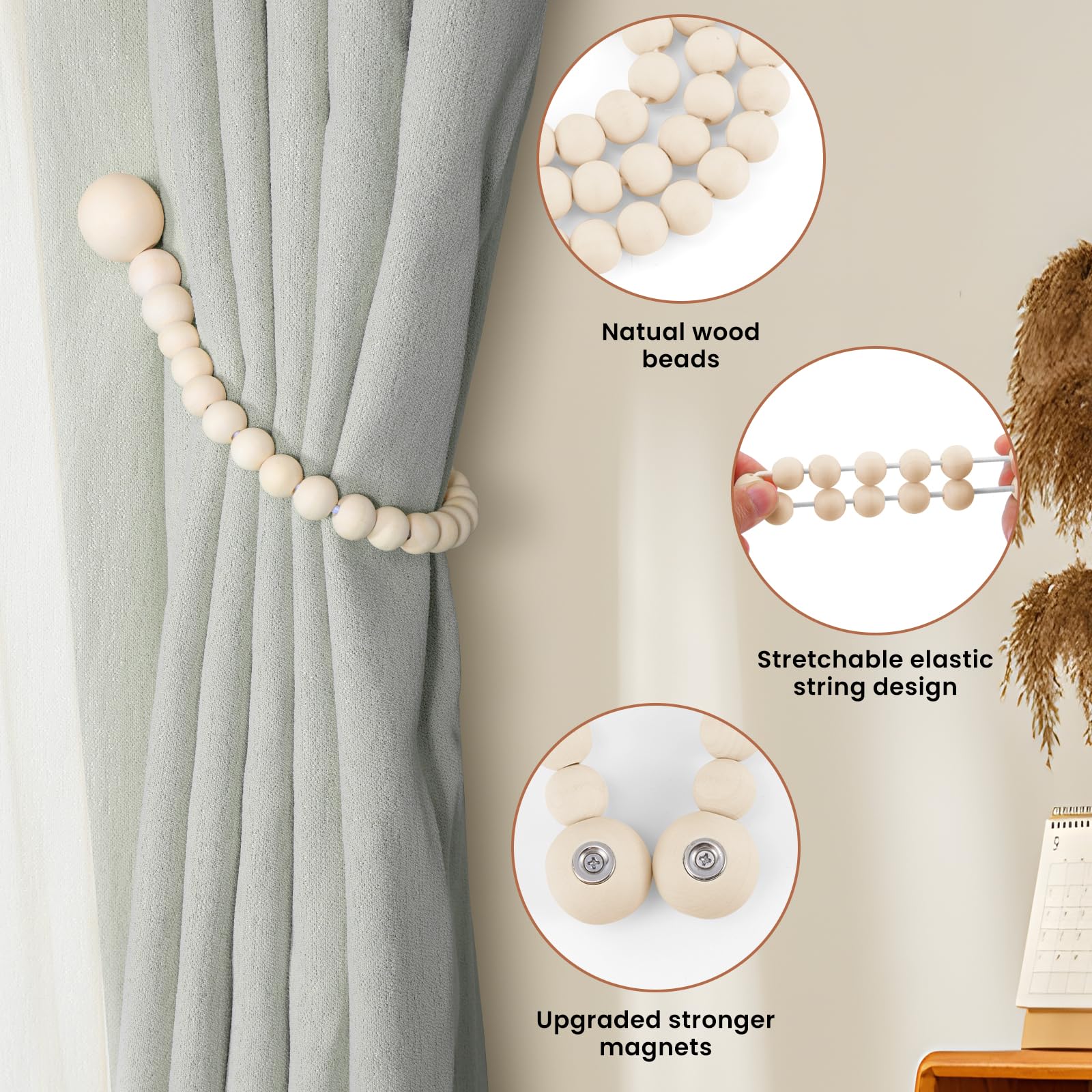 KLOGTSIND close-up reveals elastic cord and wood beads for durable drapery control
