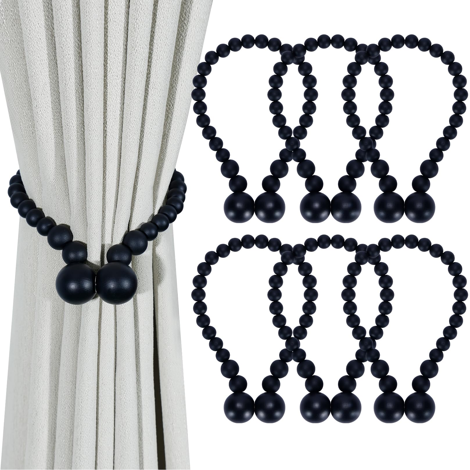KLOGTSIND magnetic curtain tiebacks in wood beads, 6-pack for easy, stylish drapery control.