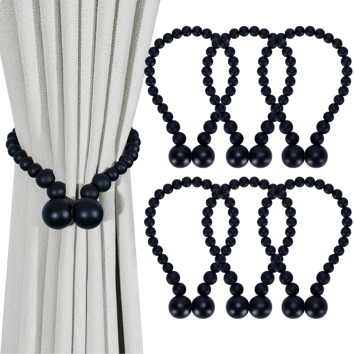 KLOGTSIND magnetic curtain tiebacks in wood beads, 6-pack for easy, stylish drapery control.