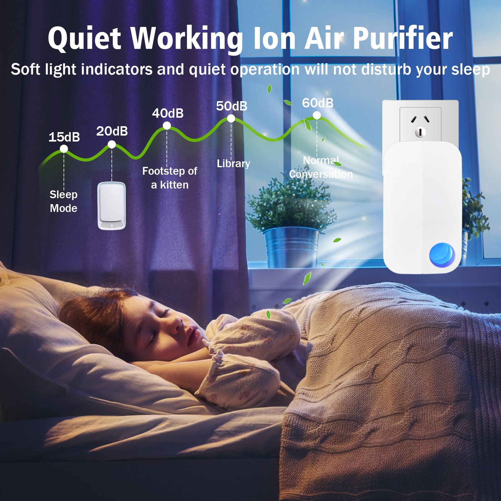 KLVEU Ion Air Purifier quiet operation for uninterrupted sleep.