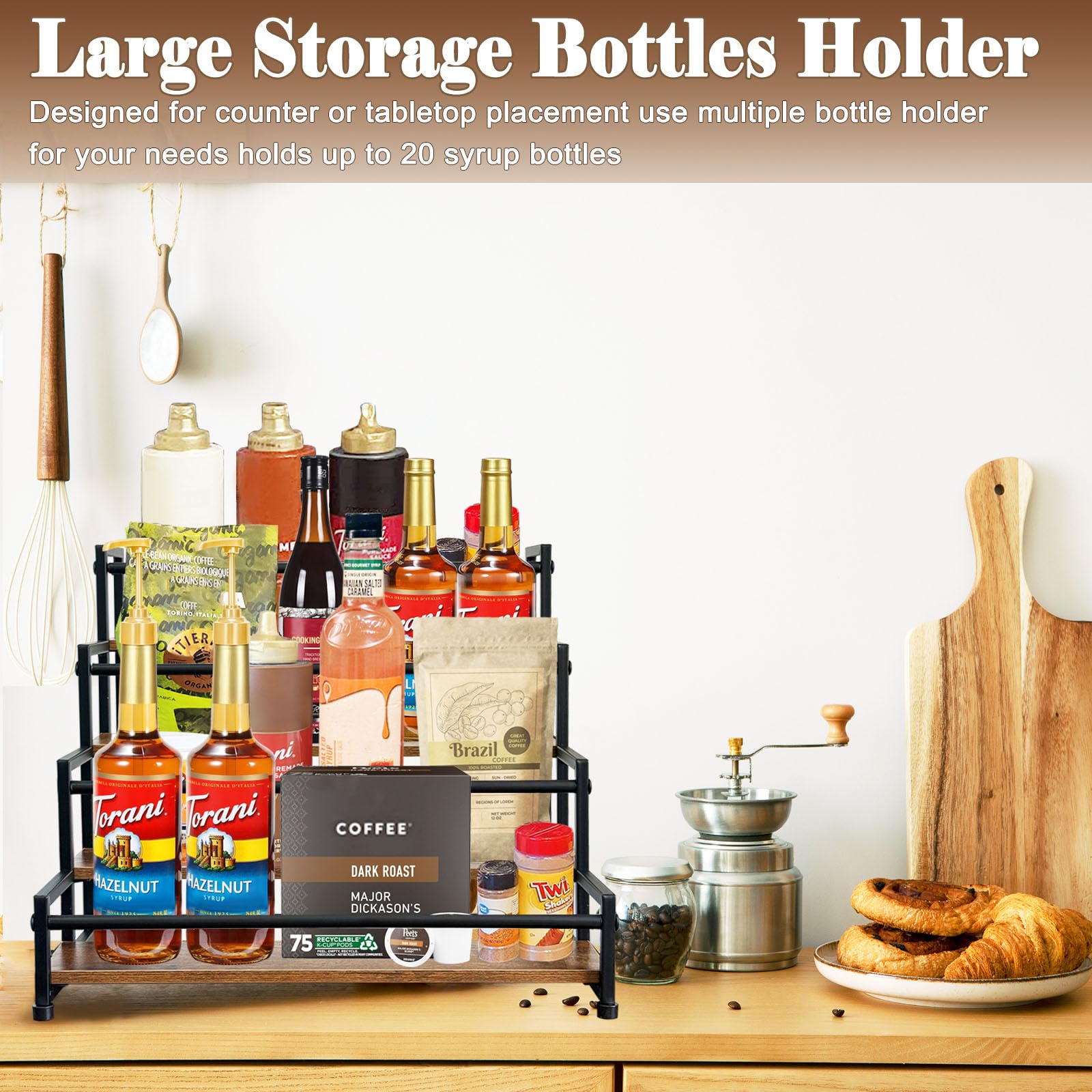 Klxuyuo Syrup Rack with matte black base complements rustic decor