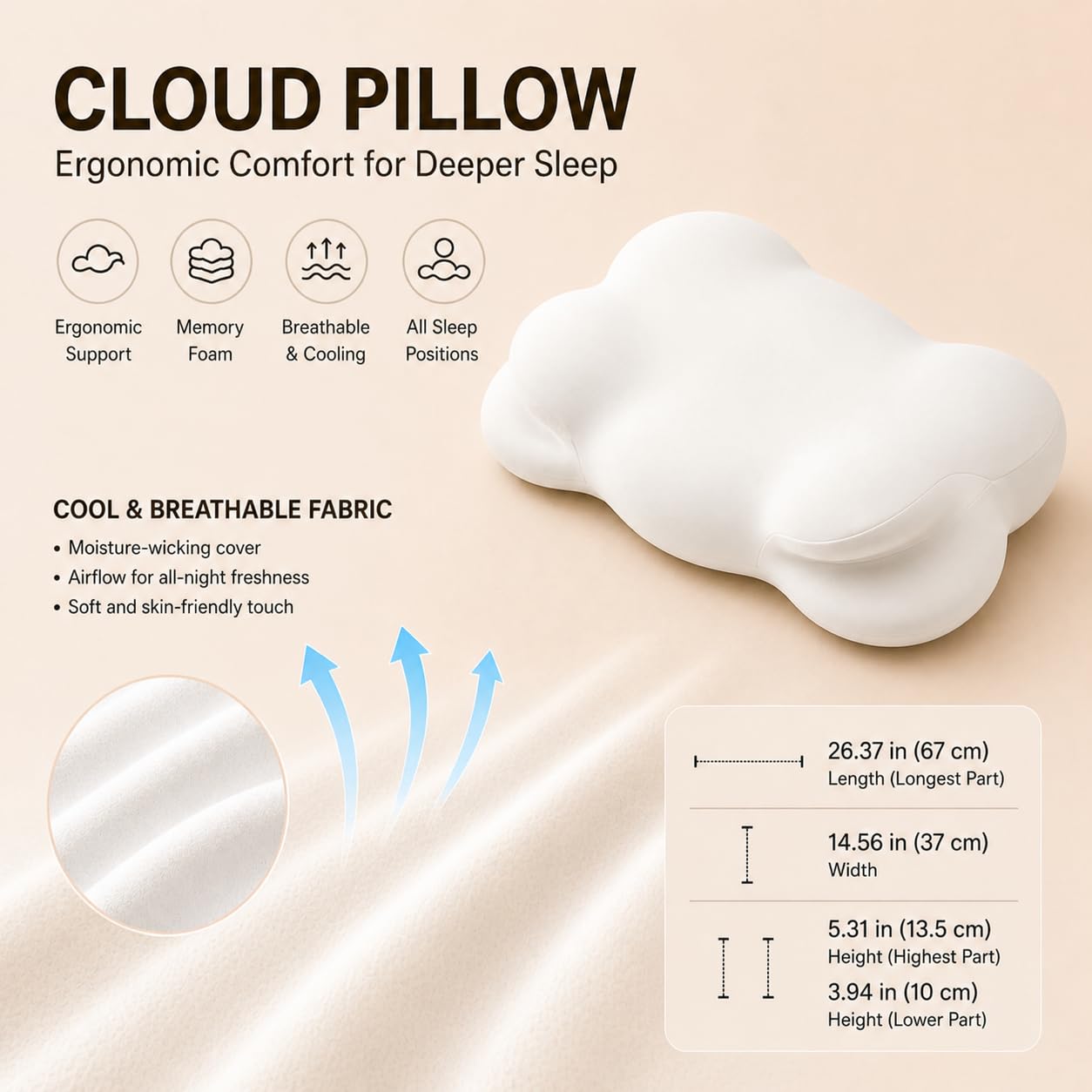 KLXXUJK Cloud Pillow side loft highlights adjustable height for different sleeping styles.