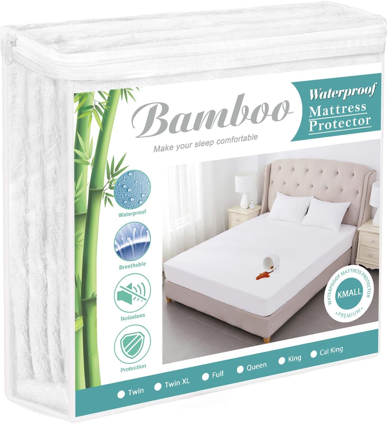 Kmall king-size mattress protector on bed with cooling waterproof protection.