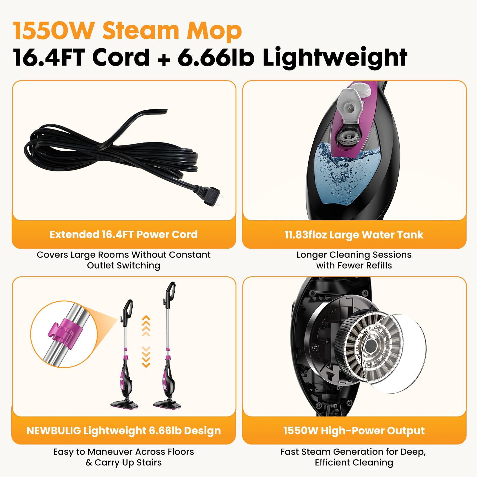 KMFurnila 16.4-ft cord offers extended reach for rooms.