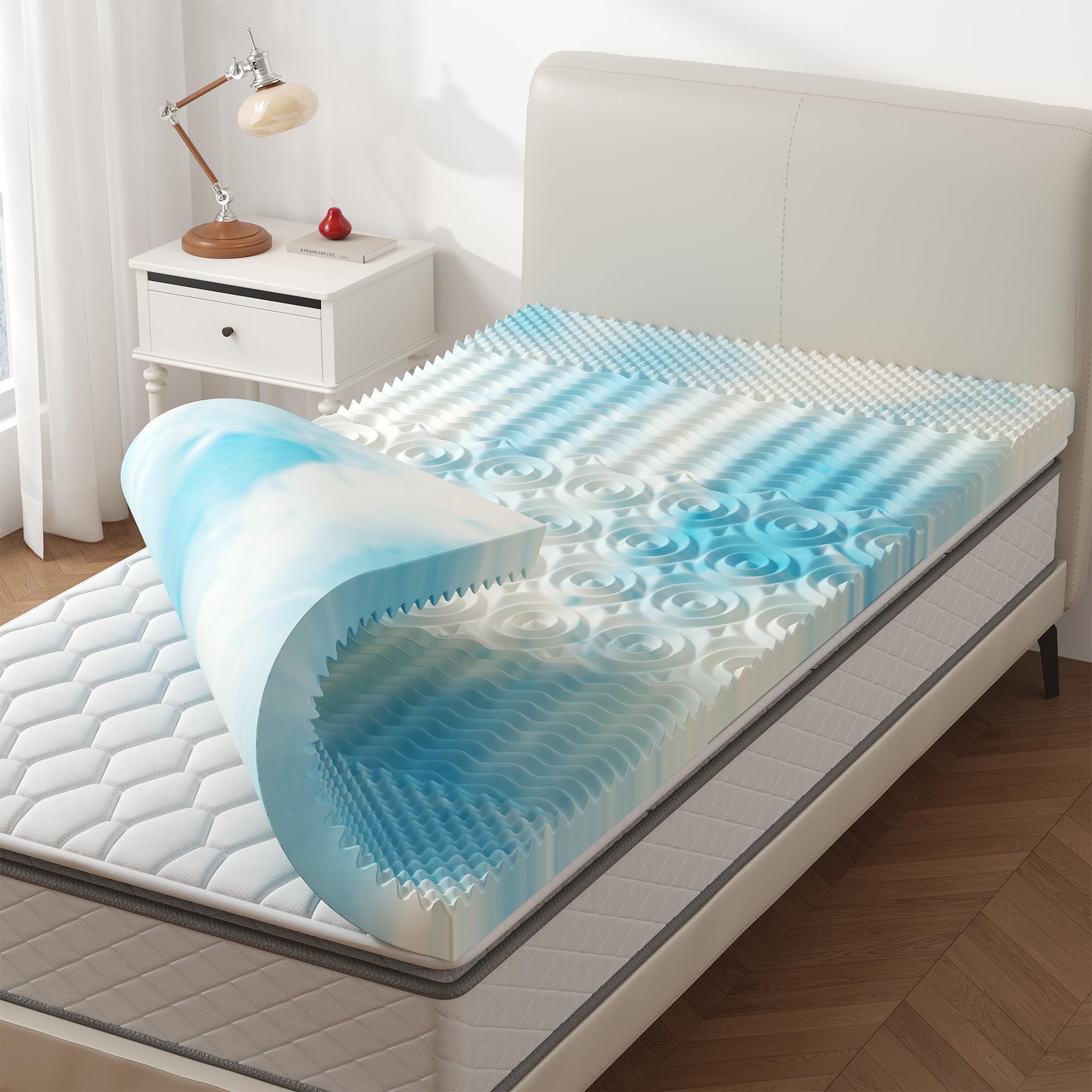 KMFurnila 4-inch topper unrolled on bed for easy setup and comfort