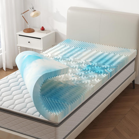 KMFurnila 4-inch topper unrolled on bed for easy setup and comfort