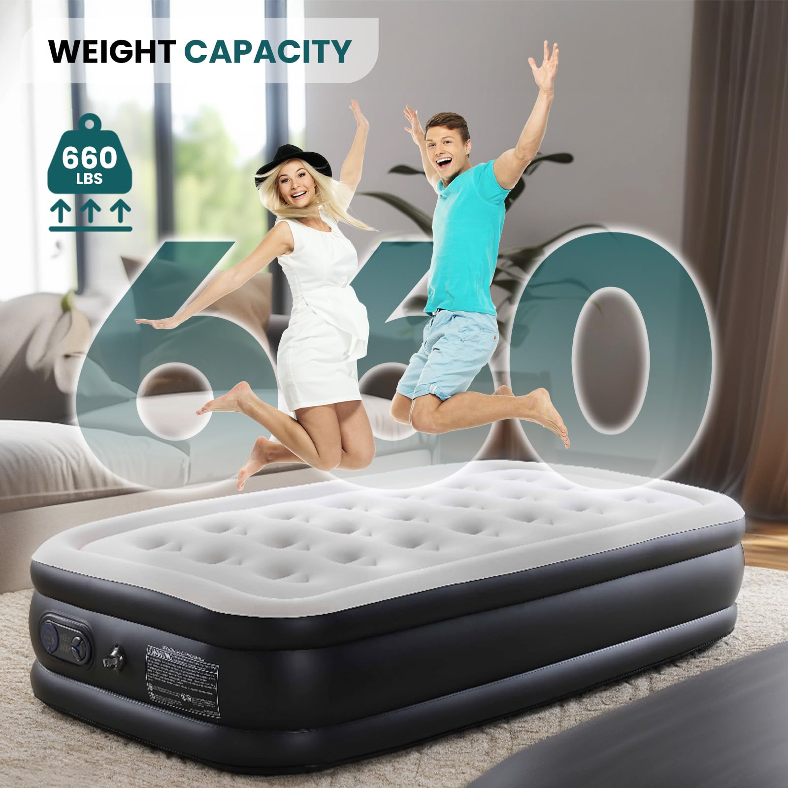 KMFurnila air mattress suitable for home or camping setups with plush flocked top.