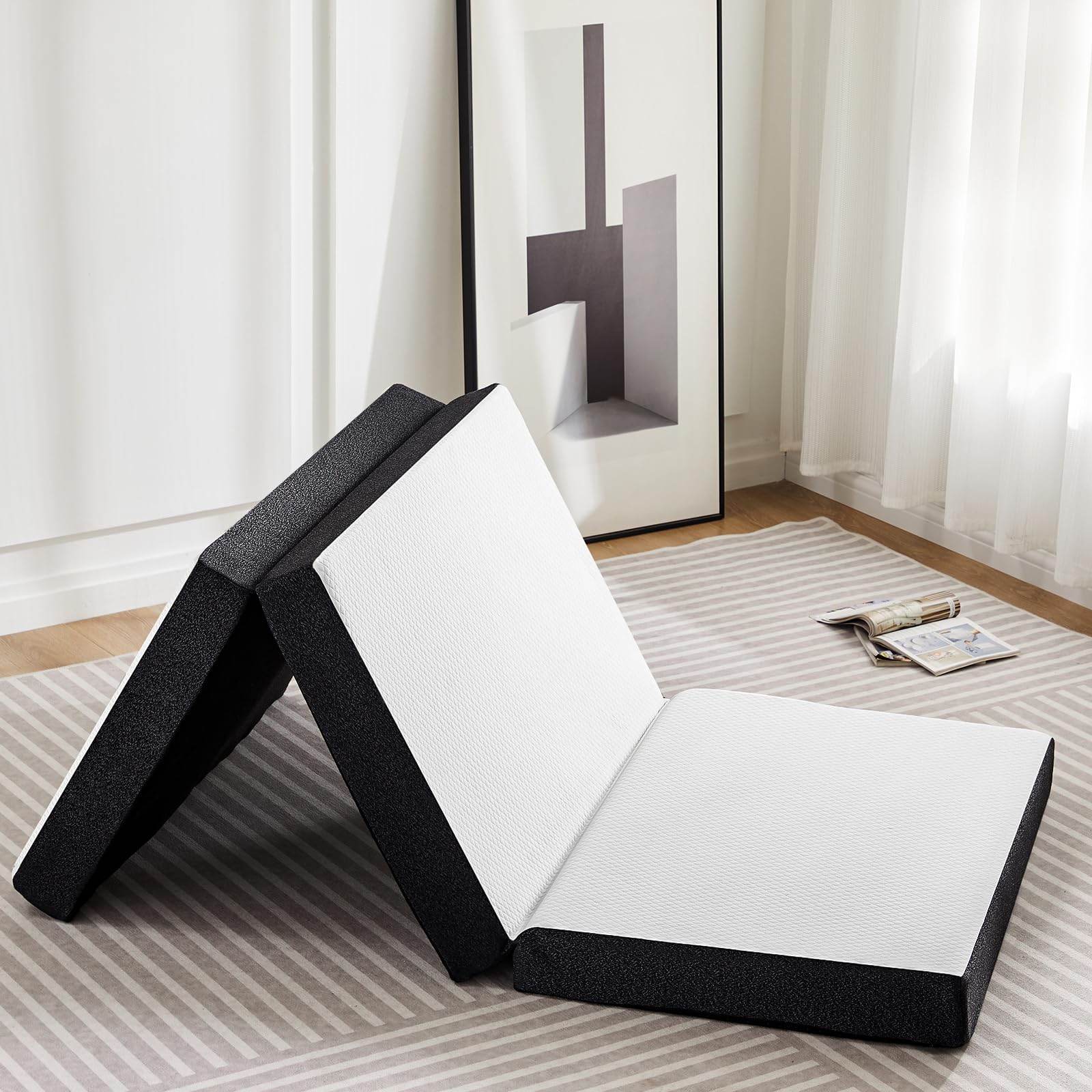 KMFurnila folding memory foam pad opened in tri-fold design for quick setup.