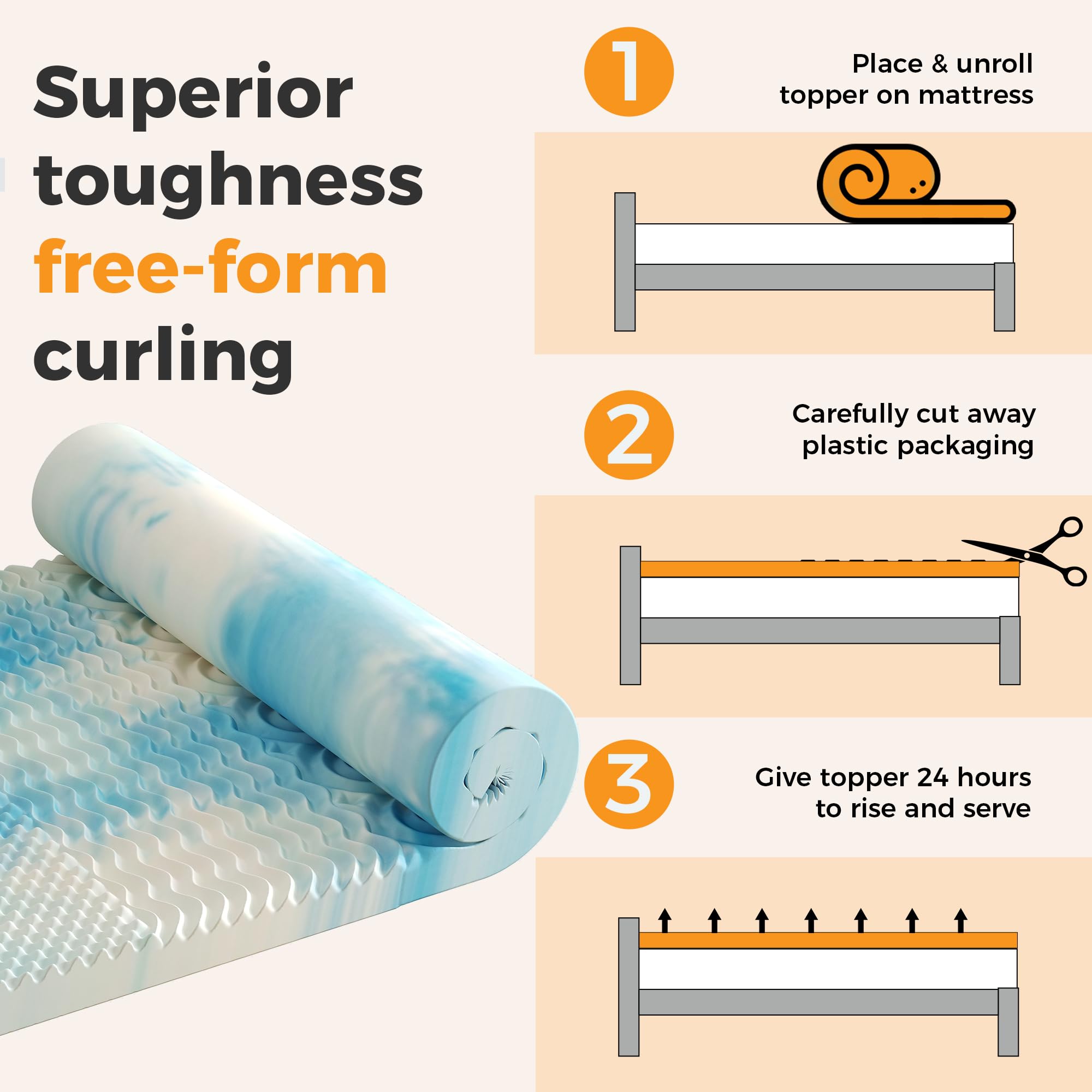 KMFurnila king-size topper on a bed supports deeper rest with less tossing.