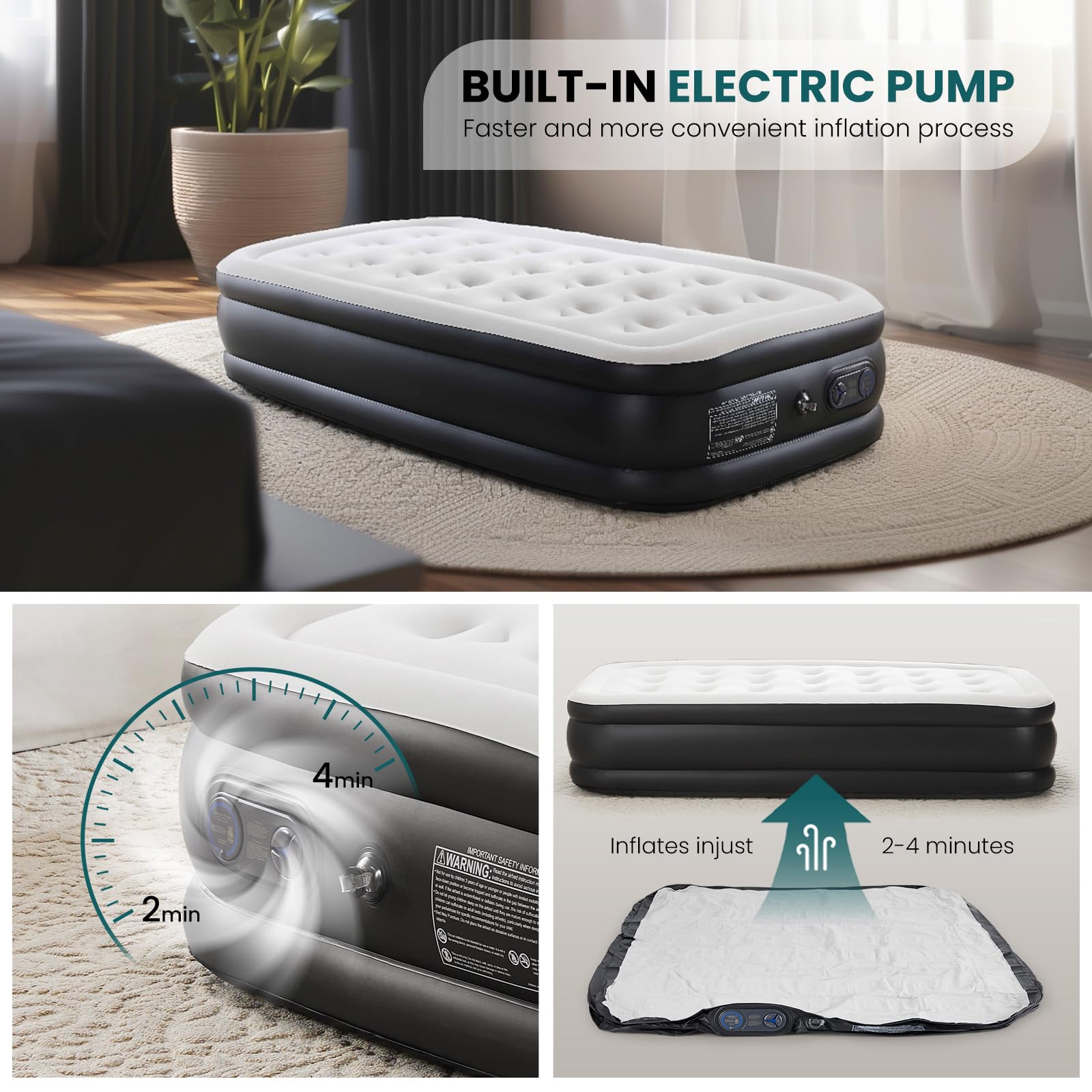 KMFurnila queen air mattress built-in pump showing quick setup capability