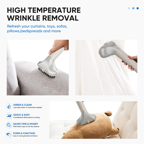 KMFurnila steamer fabric settings for wool, silk, cotton, and linen.