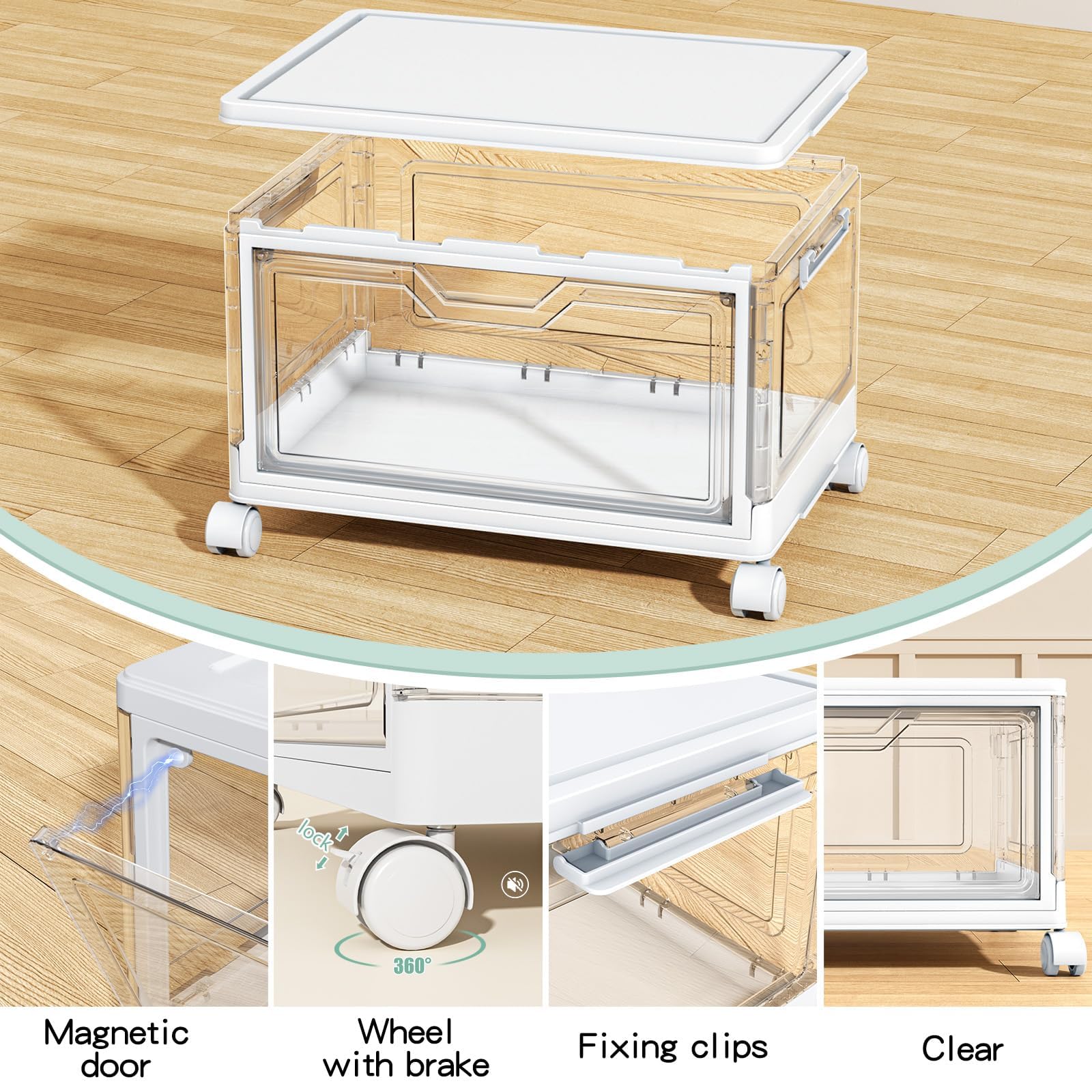 Kmiectse bin with magnetic door, top lid access and dust-free storage.