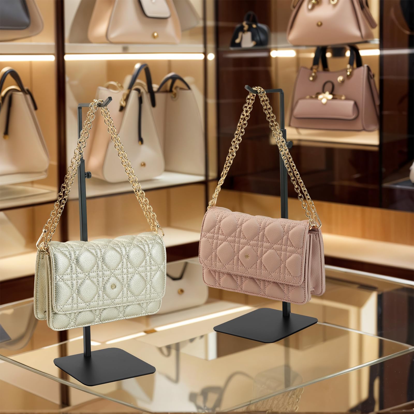 KMtilsh two-pack adjustable height display emphasizes versatile handbag presentation